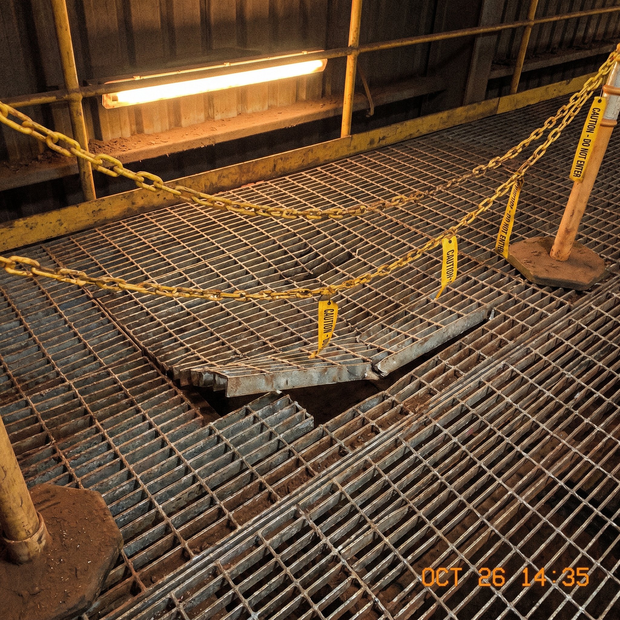 P-003 — Damaged grating panel, barricaded