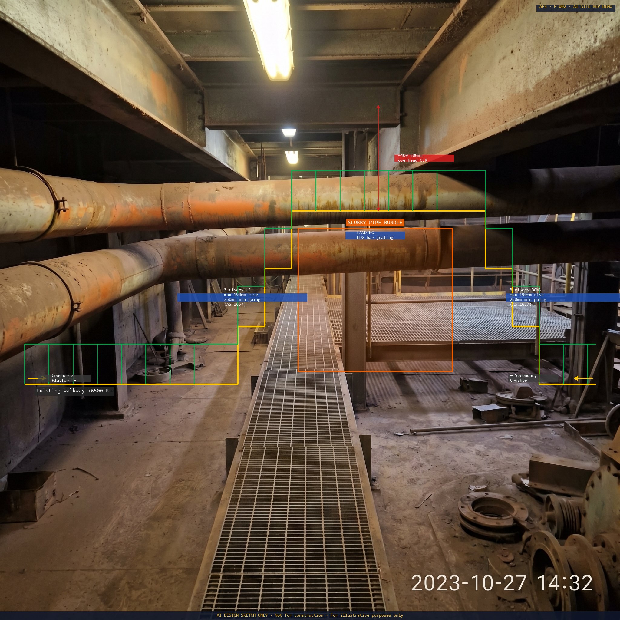 P-002 — Walkway route east, slurry pipe bundle obstruction — AI annotated